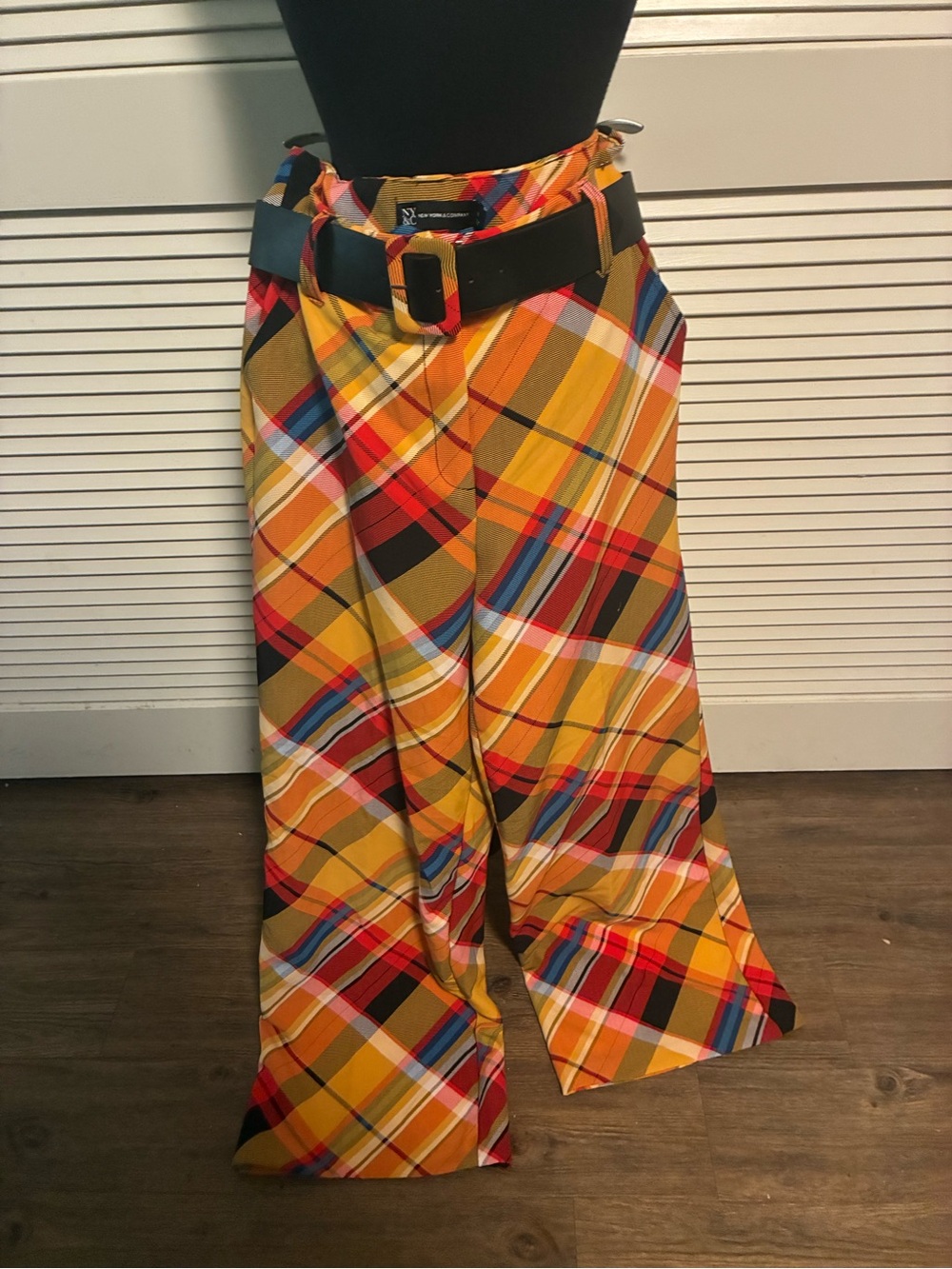 New York & Company Yellow Multi Plaid Wide-Leg Chinos with Black Belt